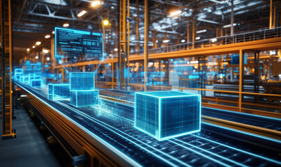 Futuristic Distribution Hub,glowing digital hologram depicting boxes on a conveyor belt in a warehouse, 