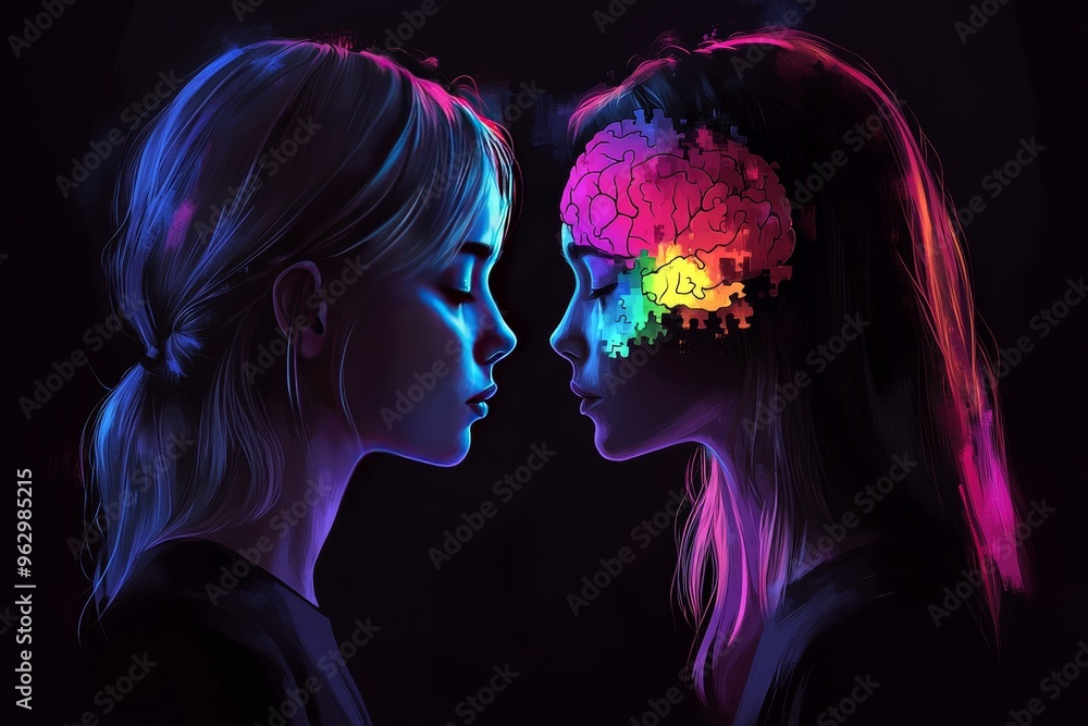 Poster neuronal function cognitive sharpness neon lit profiles of two women with glowing brains symbolizing