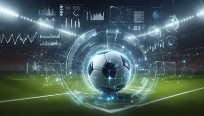 Dynamic Soccer Ball on Field with Digital Analysis Graphics Depicting Real-Time Sports Data Analytics and the Technological Intersection of Soccer and Data During an Evening Match