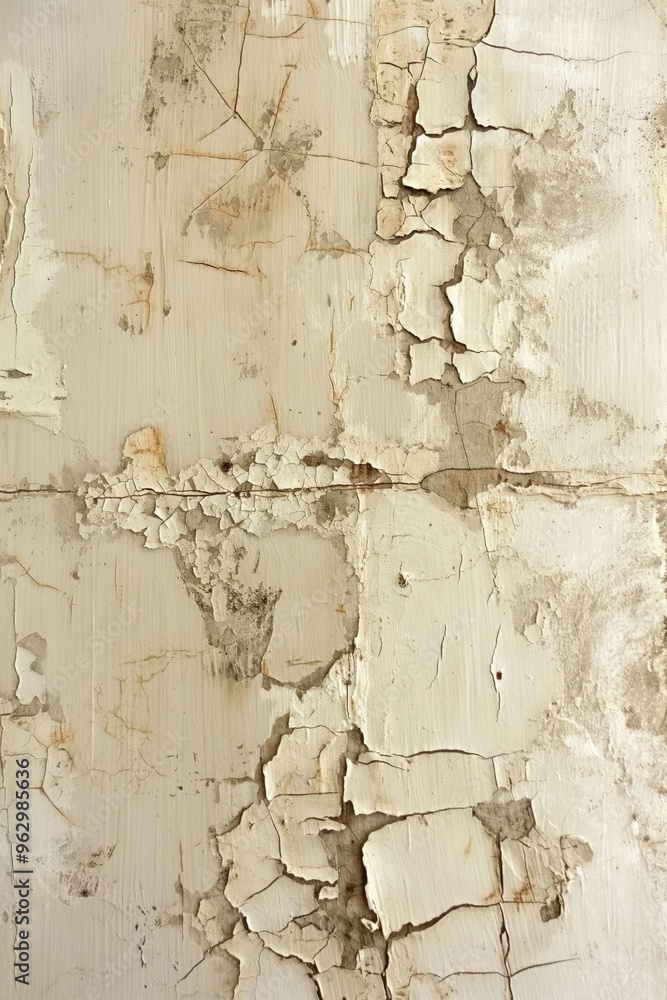 Aufkleber Old weathered wall with peeling paint showing age and history. Close-up view of textured surface with brown and gray patches. Slightly elevated angle provides comprehensive look at worn-out wall.