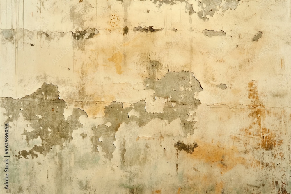 Aufkleber Weathered concrete wall with peeling paint showing rust and cracks. Old textured surface with small holes. Close-up view of worn-out industrial background.