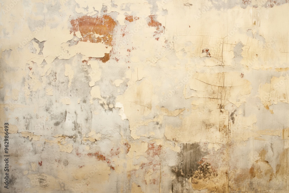 Poster weathered concrete wall with peeling paint showing orange brown patches. side view of old beige surf