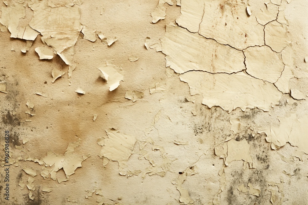 Poster old weathered wall with peeling paint reveals rough texture. white surface has black and brown patch