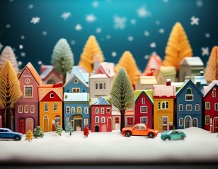 miniature cityscape with colorful houses, trees, and cars on a snow background