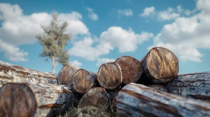 Pile of cut logs under a cloudy sky.