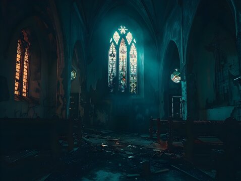 Eerie Abandoned Church With Broken Stained Glass and Creeping Shadows in Gloomy Atmosphere