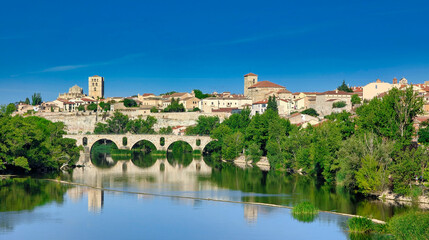 Fototapeta premium Zamora seen form Douro riverside, Zamora province, Spain