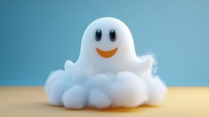 A smiling ghost drifts on a fluffy cloud, captured in a cute 3D illustration.