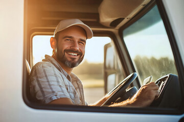 Smiling truck driver sitting in his truck, looking out the window.