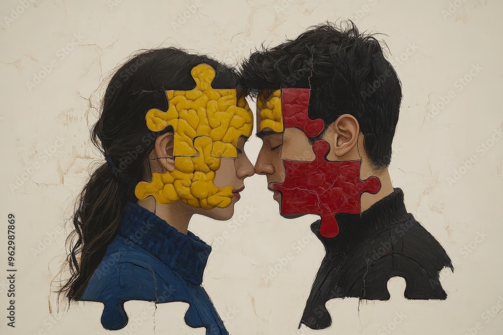 Poster neuronal power mind capacity conceptual illustration of two people with missing puzzle pieces from t