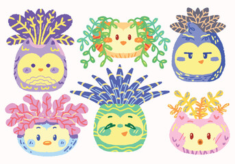 Cute and colorful owl flower pot illustration