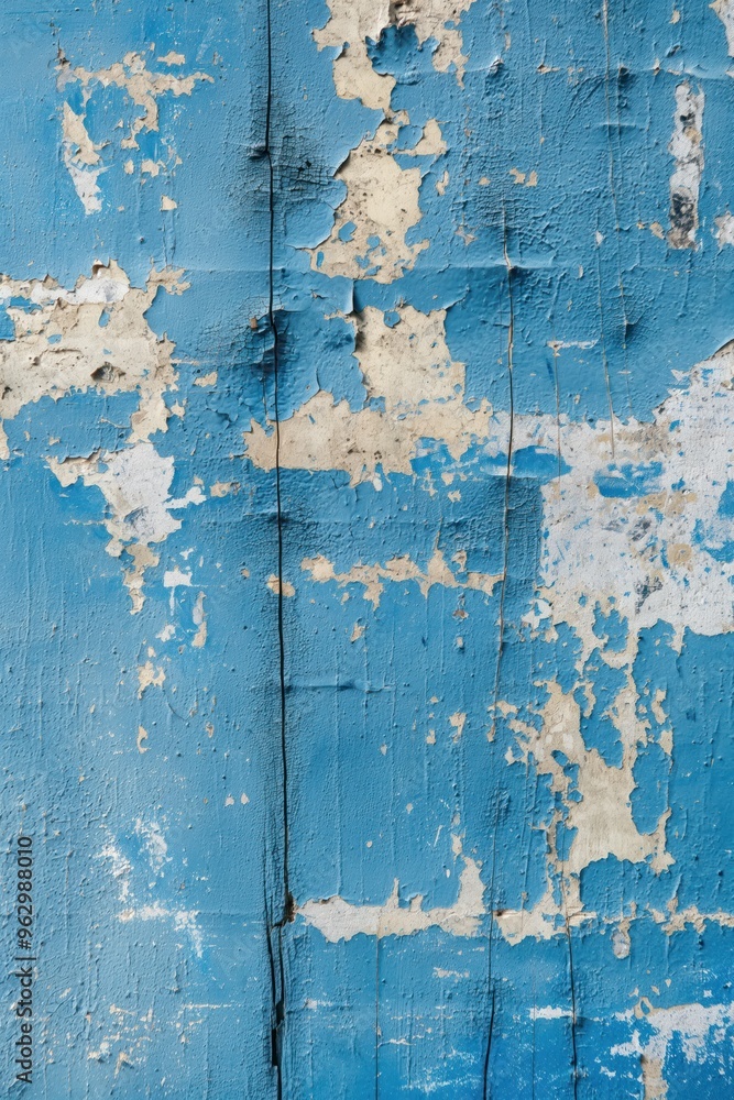Poster Weathered blue wall background shows peeling paint texture with vertical and horizontal lines. Close-up view from side reveals old surface. No text or objects visible.