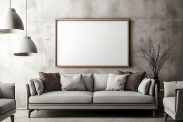 blank poster frame sitting on top of a sofa, contemporary style living room
