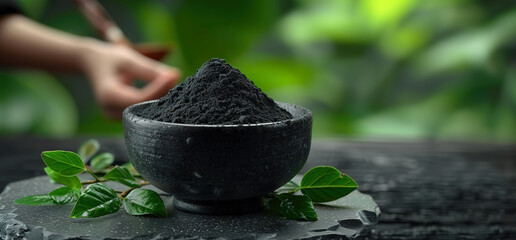 Close up of activated charcoal powder in a black bowl with green leaves in the background. It's a natural remedy and a popular ingredient in beauty products.