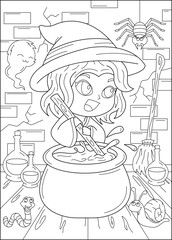 potion kawaii witch halloween coloring book page