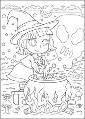 jar kawaii witch halloween coloring book page