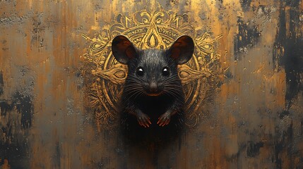 A black rat with big ears sits in front of a golden ornate design on a rough textured wall.