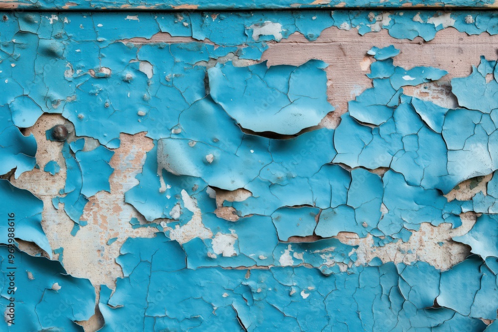 Poster rough blue weathered paint wall with peeling texture on wooden frame. close-up view of aged concrete