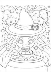 poison kawaii witch halloween coloring book page