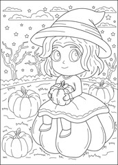 pumpkin kawaii witch halloween coloring book page
