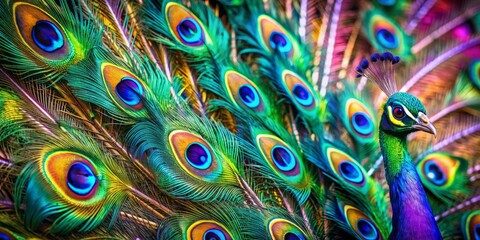 Obraz premium Iridescent peacock feathers showcase intricate patterns and eye-catching colors, radiating vibrant hues that shimmer