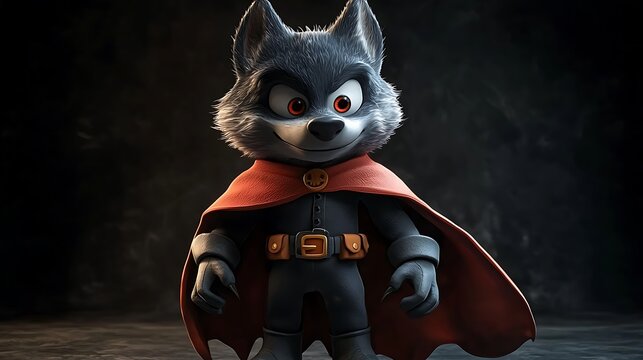 A cute cartoon wolf hero dons a red cape, ready for adventure.