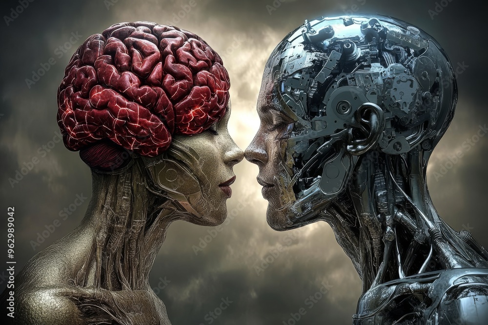 Poster neuronal processing mind capacity realistic depiction of a robotic head and human brain touching sym