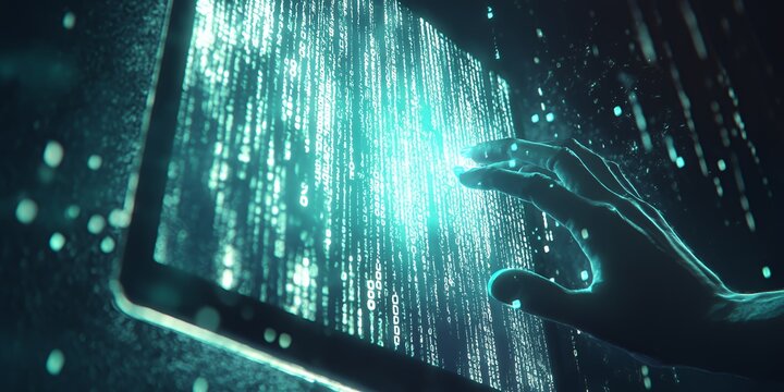 A hand reaches out to touch a digital screen displaying a stream of binary code.