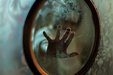 Eerie Reflection of a Dark Hand Reaching from Behind an Ornate Circular Mirror