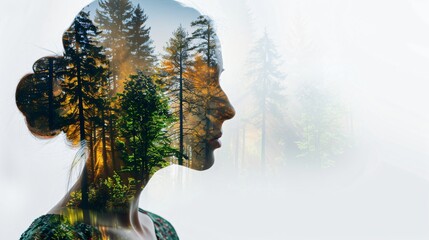 Woman&rsquo;s Profile with Autumn Forest Overlay, Pine Trees in Green and Yellow Hues