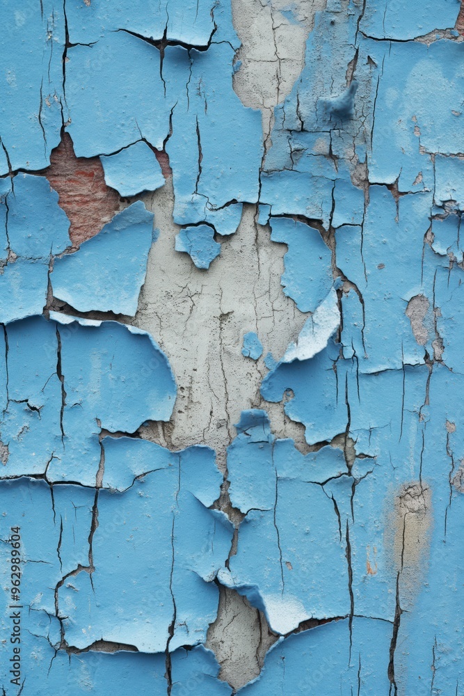 Poster weathered blue paint peels off concrete surface with rough texture. close-up view shows worn-out ext