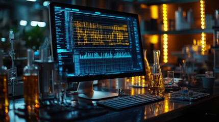 A scientist examines complex data displayed on a computer screen in a dimly lit lab