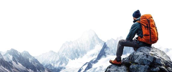 Mountain climber with backpack viewing snow-covered peaks, cut out