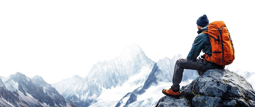 Mountain climber with backpack viewing snow-covered peaks, cut out