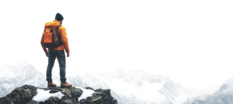 Mountain climber with backpack viewing snow-covered peaks, cut out