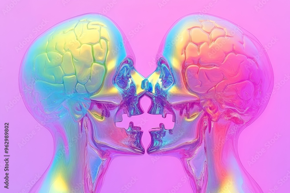 Poster mental performance mind capacity surreal depiction of two transparent heads with glowing neural netw