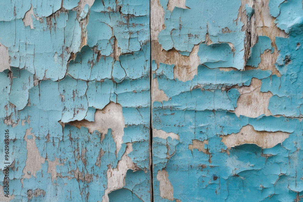 Poster weathered wooden surface with peeling light blue paint, revealing rough textured wood. aged appearan