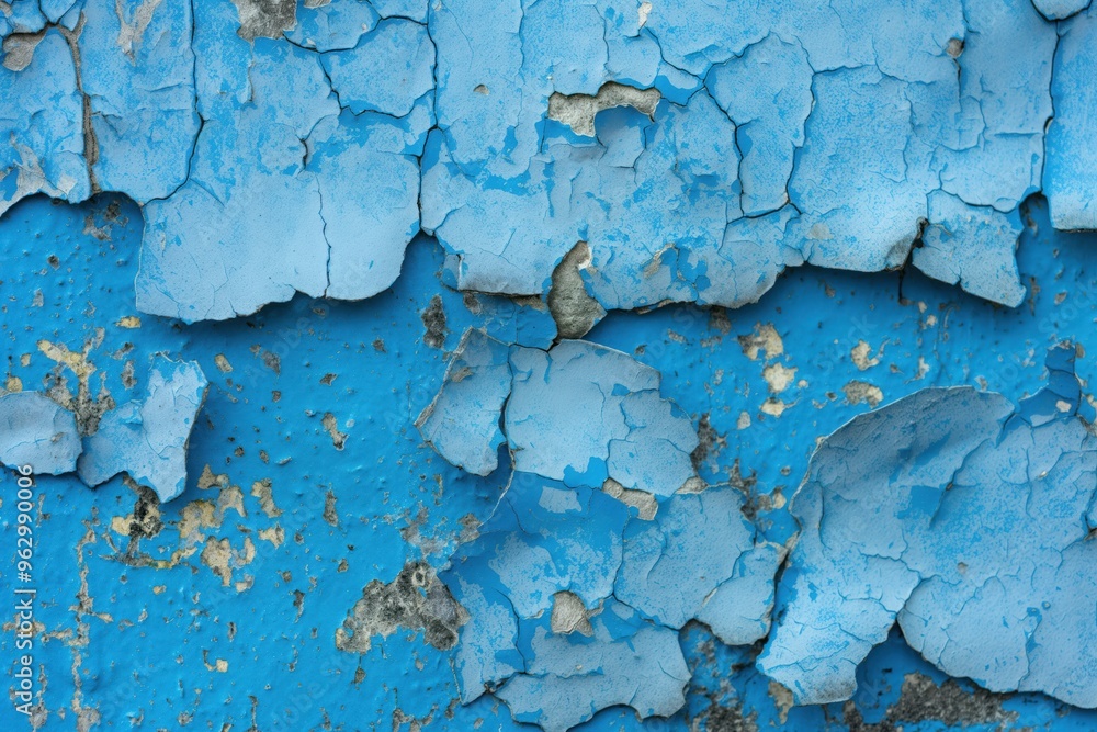 Poster weathered blue paint surface shows signs of aging with cracks, chips and peeling. close-up view high