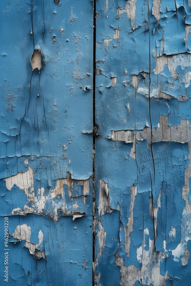 Aufkleber weathered blue wooden surface shows peeling paint revealing raw wood. rough texture with white and g