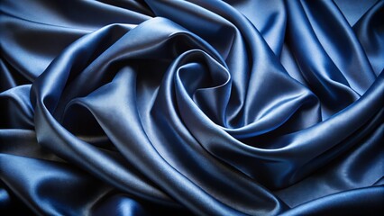 Obraz premium Luxurious navy blue satin fabric folds yield a close-up of gentle waves, smooth and lustrous, inviting touch and