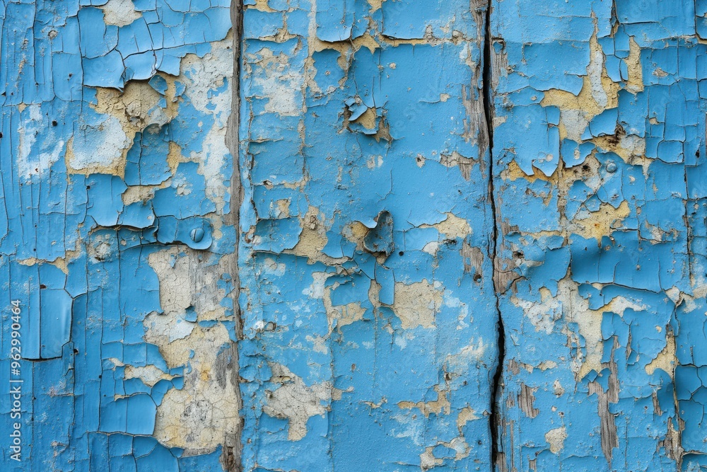 Poster weathered blue wooden surface with peeling paint showing wood grain. decaying paint in various stage