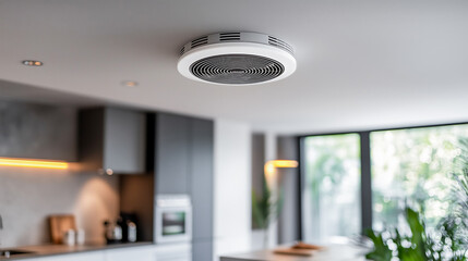 Smoke detector on ceiling in modern house .