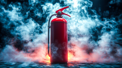 Red fire extinguisher amidst flame and smoke studio shot .