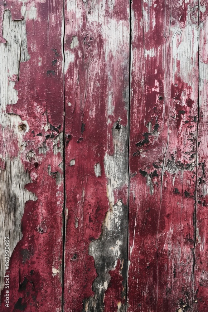Aufkleber weathered wooden surface with reddish-brown hue shows peeling paint revealing wood layers. vertical 