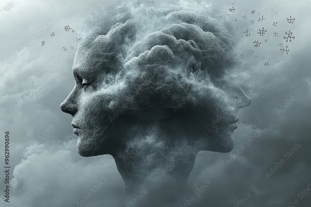 Poster neural sharpness mind capacity abstract grayscale portrait of a human head transforming into clouds 