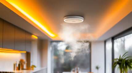 Smoke detector on ceiling in modern house .