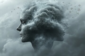 Neural sharpness Mind capacity Abstract grayscale portrait of a human head transforming into clouds symbolizing imagination mental freedom and the boundless nature of thoughts