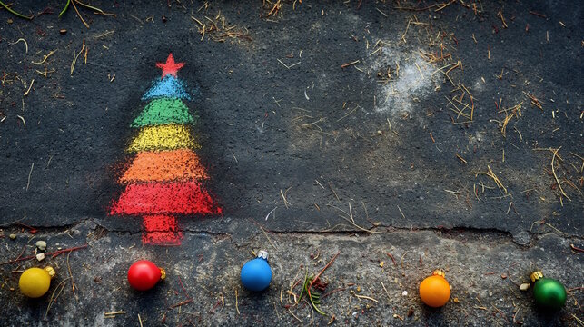 A colorful chalk-drawn Christmas tree on a dark pavement, accompanied by scattered ornaments, evoking a playful and creative holiday scene. Great for casual Christmas-themed designs