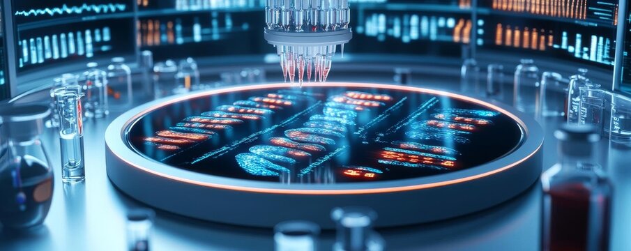 Circular bio-lab with multiple holograms of genomes, digital genetics