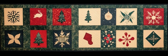 Flat lay of a Christmas quilt pattern, with each square featuring a different festive motif